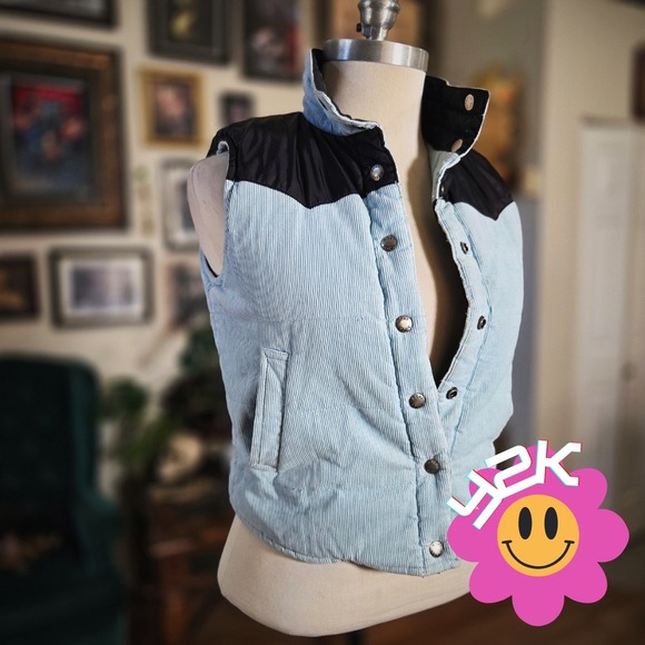 Roxy Jackets & Blazers - Vintage Y2K Roxy Puffer‎ Vest Light Blue Corduroy Snap Front Sweatshirt Pullover